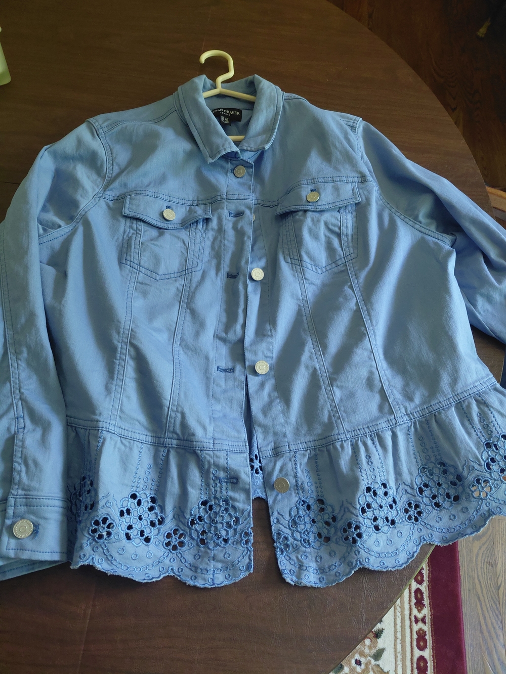 Susan Graver Light Blue Embroidered-Hem Women's Jacket - Picture 5 of 11